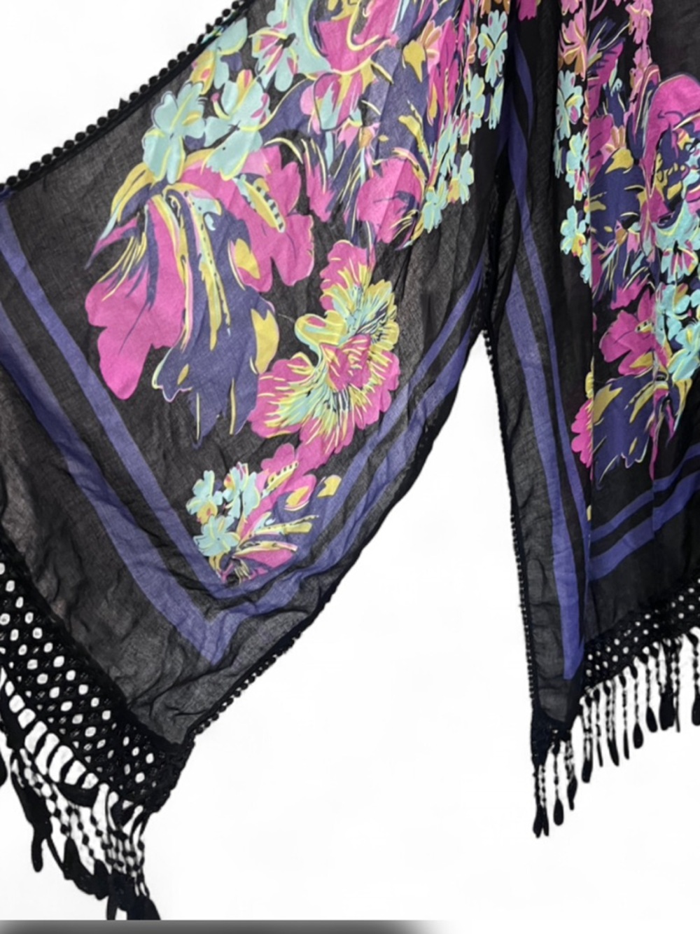 Woven Heart Gorgeous Black Floral Fringe Kimono with Pink & Teal Flowers - Picture 5 of 10